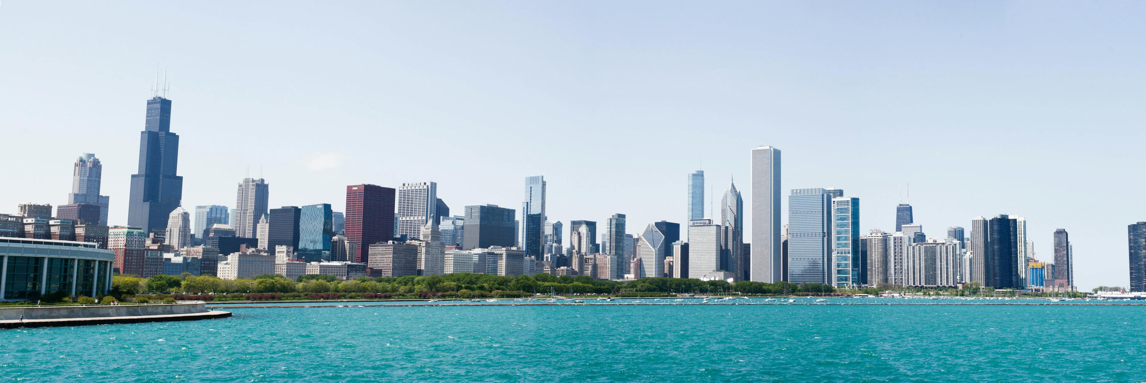 Panorama of the Chicago skyline, from the perspective of the Adler Planetarium, overlooking Lake Michigan