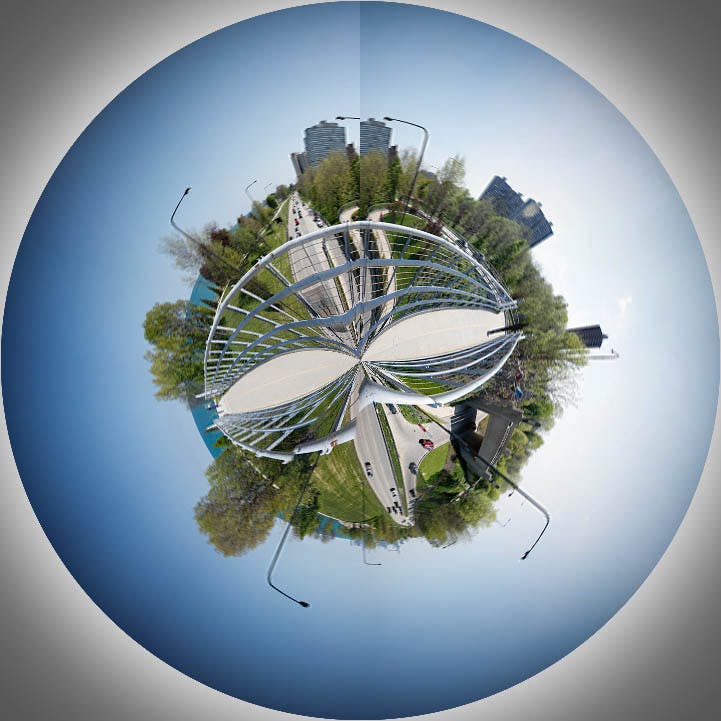 Wee planet formed from Photoshopped panoramas in Chicago.